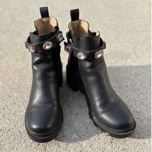 Steve Madden Amulet Black Lug Sole Ankle Boots Crystal Strap AMUL01S1 Mens 9M